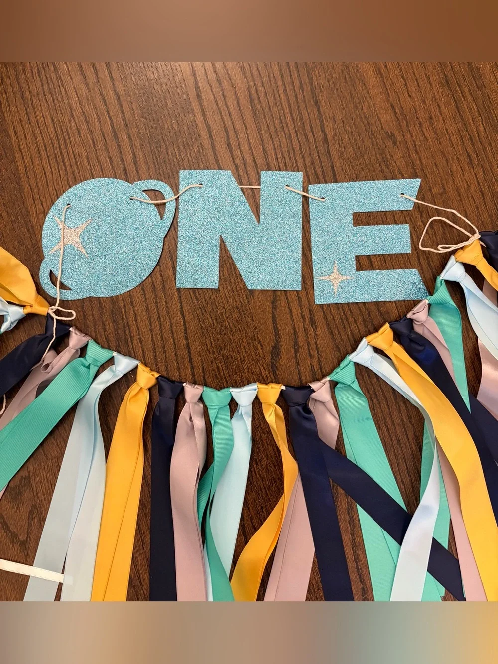 One First Birthday Blue and Teal Ribbon Banner - Home Party Supplies